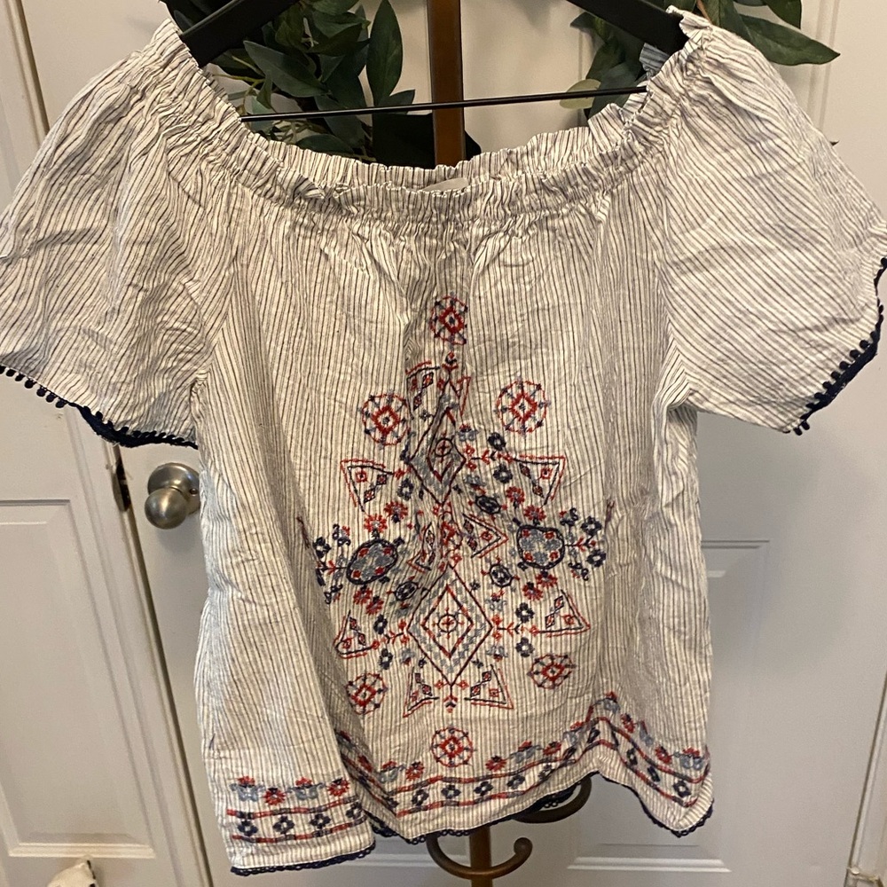 Knox Rose White Striped Off-Shoulder Blouse with Red & Blue Embroidery